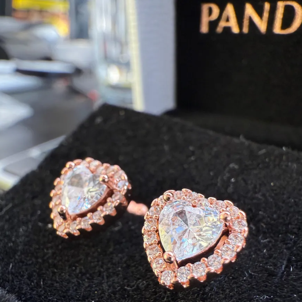ARETES PENDIENTES PANDORA CORAZON ELEVADO BLANCO ORO ROSA + KIT DE REGALO