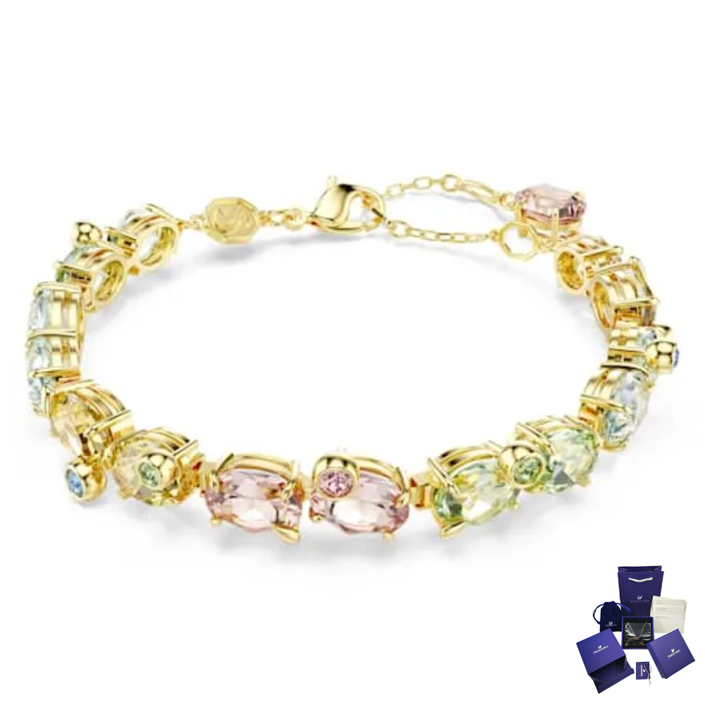 PULSERA BRAZALETE SWAROVSKI TENIS GEMA MULTI COLOR DORADO ORO 14K