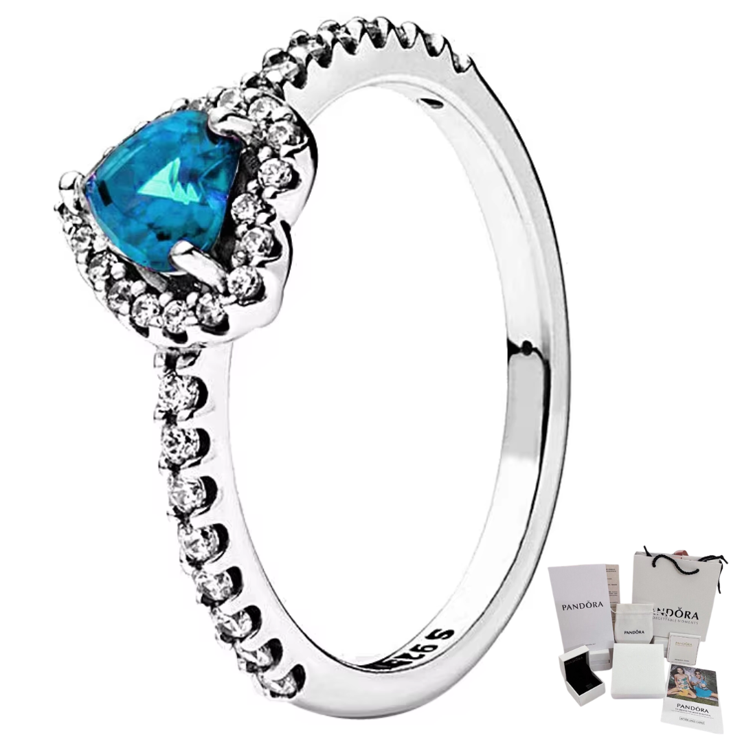 ANILLO PANDORA PROMESA CORAZON ELEVADO AZUL + KIT DE REGALO