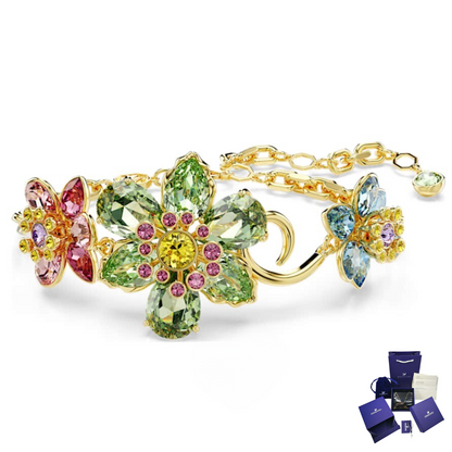PULSERA BRAZALETE SWAROVSKI IDYLLIA CRISTALES FLOR MULTI COLOR DORADO + KIT DE REGALO