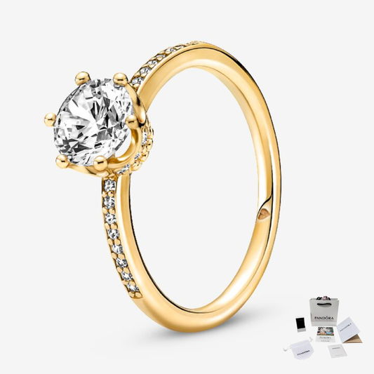 ANILLO COMPROMISO PANDORA DORADO CORONA TRANSPARENTE + KIT DE REGALO