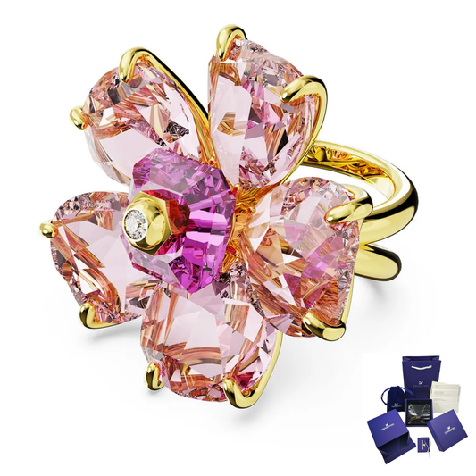 ANILLO FLOR ROSA COCTEL FLORERE DORADO GRANDE SWAROVSKI
