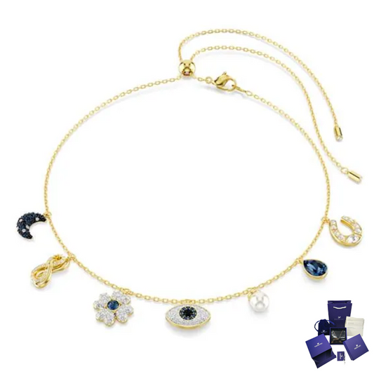 COLLAR GARGANTILLA SWAROVSKI SIMBOLICA LUNA INFINITO TREBOL OJO HERRADURA ORO