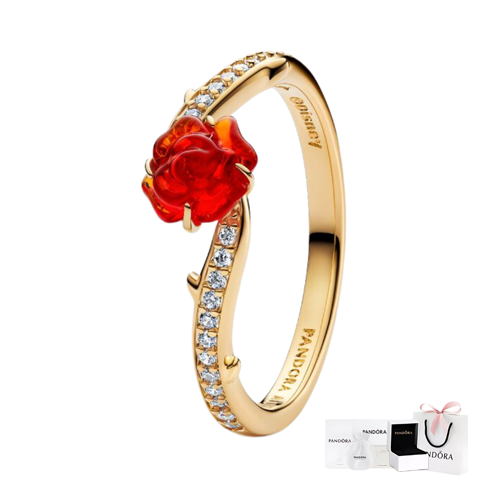 ANILLO PANDORA PINCESA DISNEY BELLA Y LA BESTIA ROSA ENCANTADA ORO 14K
