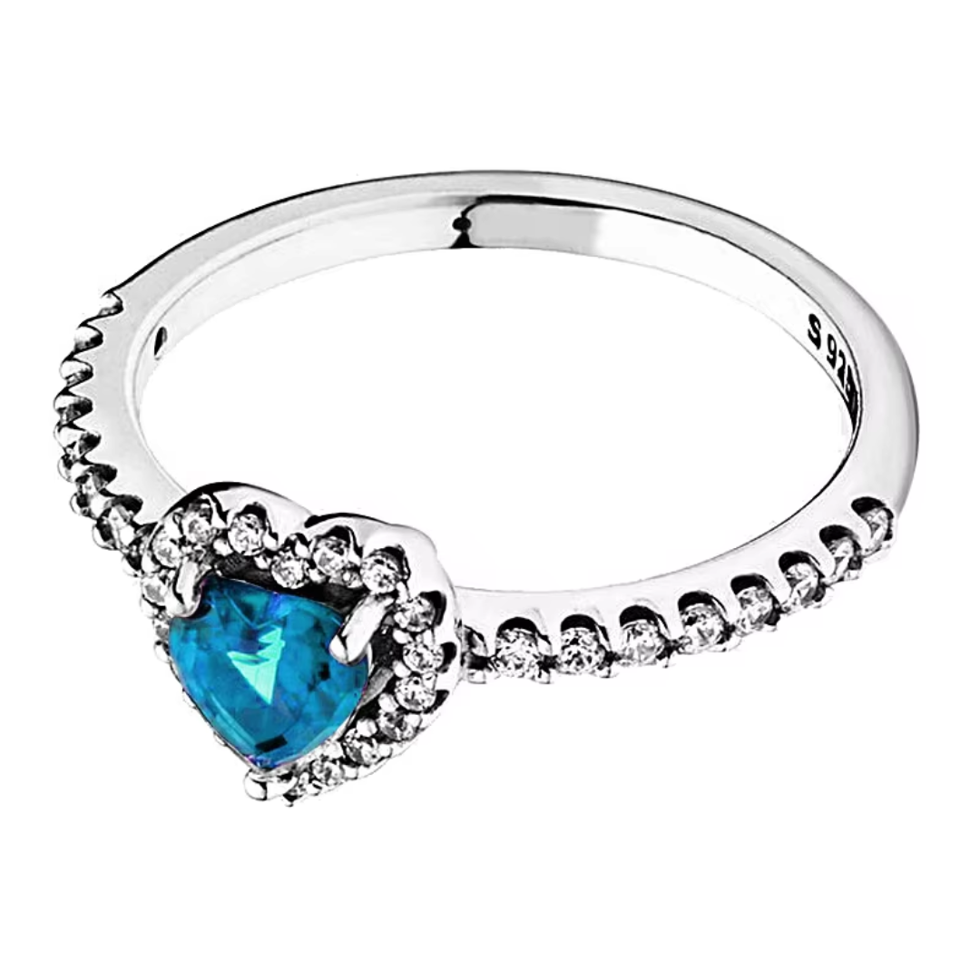 ANILLO PANDORA PROMESA CORAZON ELEVADO AZUL + KIT DE REGALO