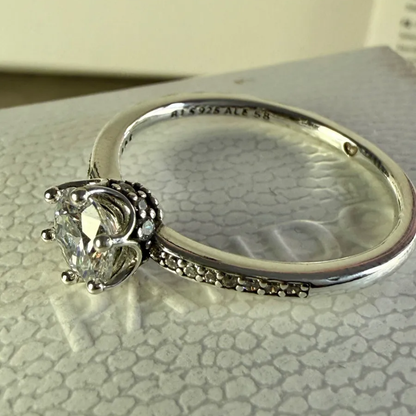 ANILLO COMPROMISO PANDORA CORONA TRANSPARENTE PLATA .925 + KIT DE REGALO