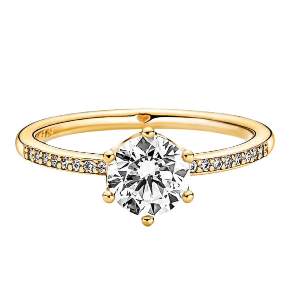 ANILLO COMPROMISO PANDORA DORADO CORONA TRANSPARENTE + KIT DE REGALO