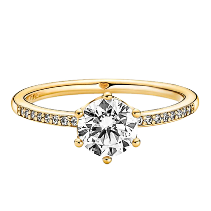 ANILLO COMPROMISO PANDORA DORADO CORONA TRANSPARENTE + KIT DE REGALO