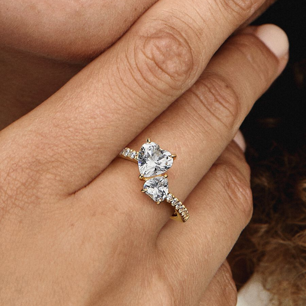 ANILLO PROMESA PANDORA DORADO DOBLE CORAZON PLATA .925