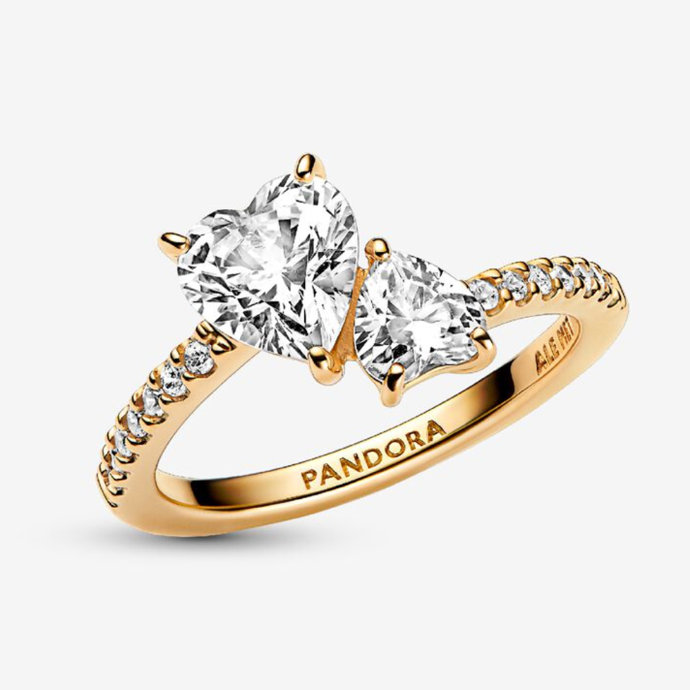 ANILLO PROMESA PANDORA DORADO DOBLE CORAZON PLATA .925