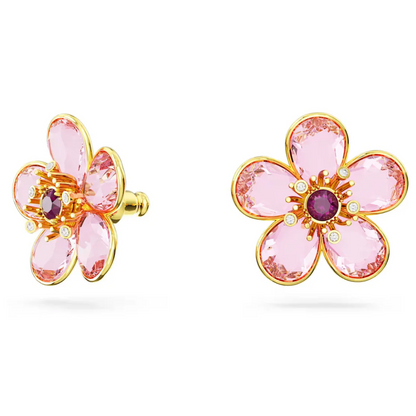 ARETES PENDIENTES FLOR FLORERE CRISTALES ROSA SWAROVSKI ORO 14K + KIT DE REGALO