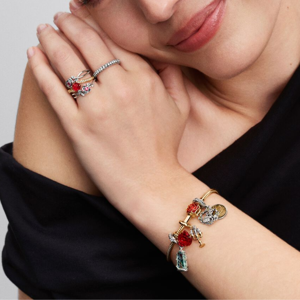 CHARM PANDORA COLGANTE ROSA ENCANTADA ROJA DISNEY BELLA Y BESTIA ORO 14K