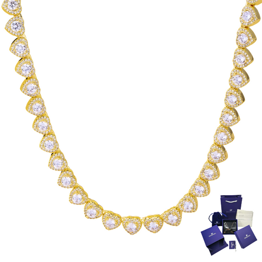 COLLAR SWAROVSKI TENIS DORADO ORO CORAZONES BLANCOS ARIANA GRANDE + KIT DE REGALO