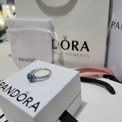 ANILLO PANDORA PROMESA CORAZON ELEVADO AZUL + KIT DE REGALO