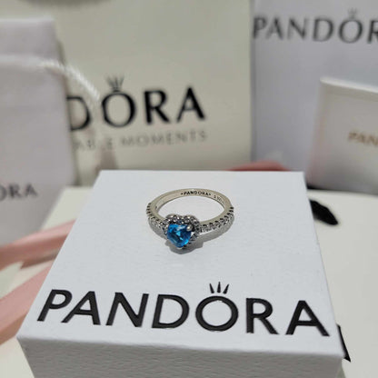 ANILLO PANDORA PROMESA CORAZON ELEVADO AZUL + KIT DE REGALO