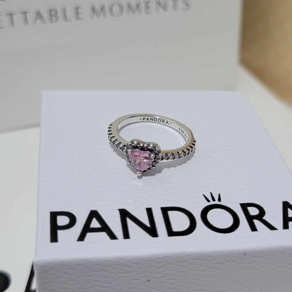 SET CONJUNTO PANDORA CORAZON ROSA PLATA 925 ANILLO + COLLAR + ARETES + KIT DE REGALO