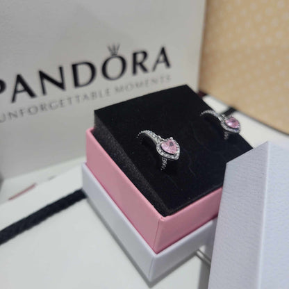 SET CONJUNTO PANDORA CORAZON ROSA PLATA 925 ANILLO + COLLAR + ARETES + KIT DE REGALO