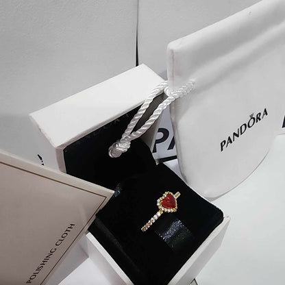 ANILLO PANDORA PROMESA CORAZON ELEVADO ROJO DORADO ORO + KIT DE REGALO