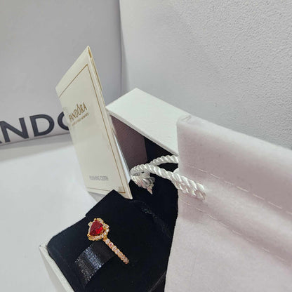 ANILLO PANDORA PROMESA CORAZON ELEVADO ROJO DORADO ORO + KIT DE REGALO