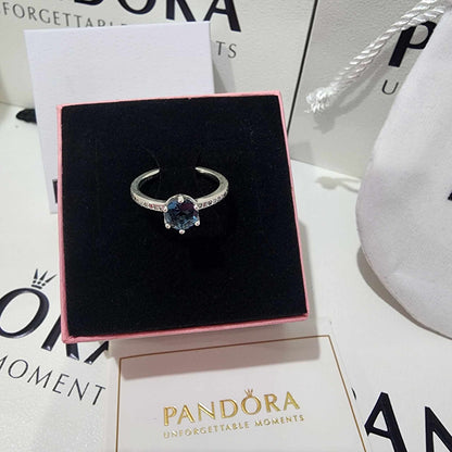 ANILLO COMPROMISO PANDORA CORONA DESLUMBRANTE AZUL + KIT DE REGALO