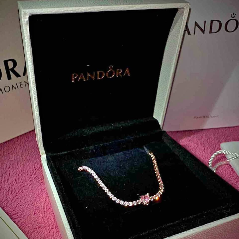 PULSERA PANDORA CORAZON BRILLANTE TENIS ORO ROSA + KIT DE REGALO