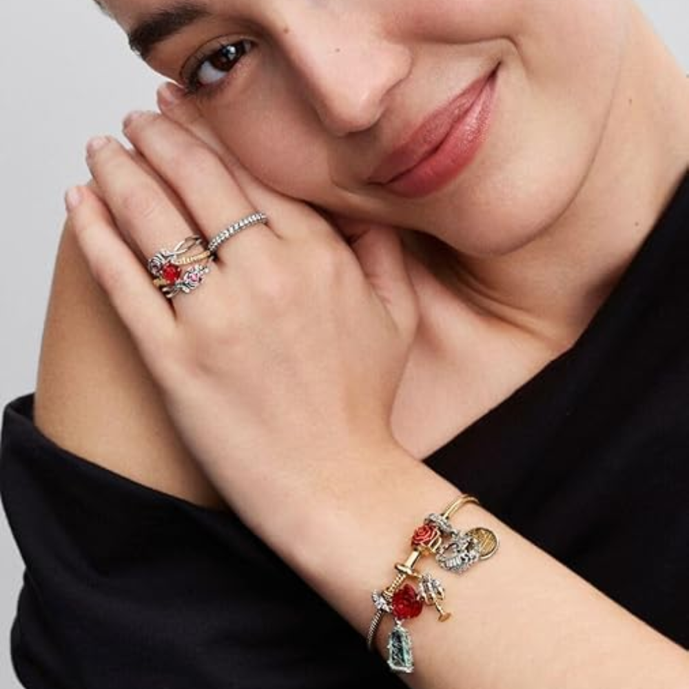 BRAZALETE PULSERA PANDORA ROSA ROJA DISNEY BELLA Y BESTIA ORO DORADO 14K ZOCALO ONLINE