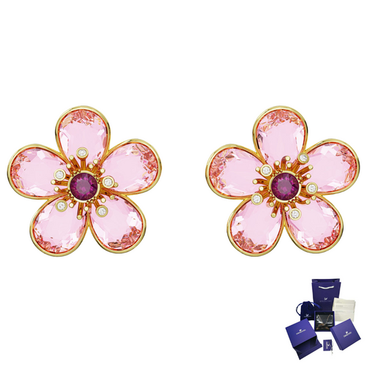 ARETES PENDIENTES FLOR FLORERE CRISTALES ROSA SWAROVSKI ORO 14K + KIT DE REGALO