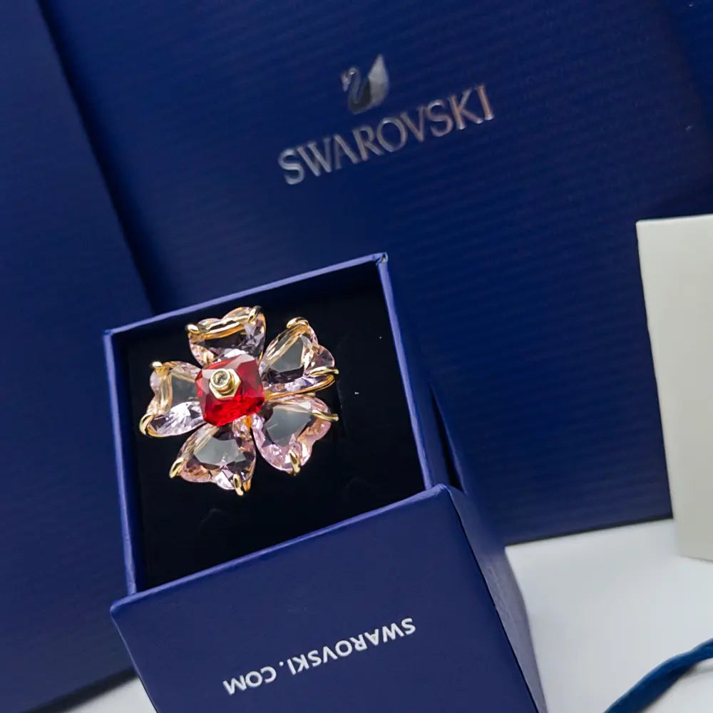 ANILLO FLOR ROSA COCTEL FLORERE DORADO GRANDE SWAROVSKI ZOCALO ONLINE