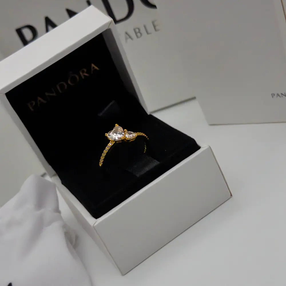 ANILLO PROMESA PANDORA DORADO DOBLE CORAZON PLATA .925 ZOCALO ONLINE