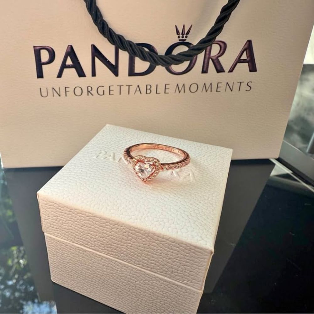 ANILLO PANDORA PROMESA CORAZON BRILLANTE ELEVADO BLANCO ORO ROSA + KIT DE REGALO