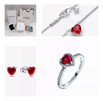 Set Collar + Anillo + Arete Corazón Elevado Rojo Pandora