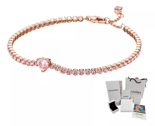 PULSERA PANDORA CORAZON BRILLANTE TENIS ORO ROSA + KIT DE REGALO