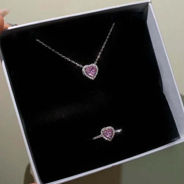 PANDORA PINK HEART SET 925 SILVER RING + NECKLACE + EARRINGS + GIFT KIT