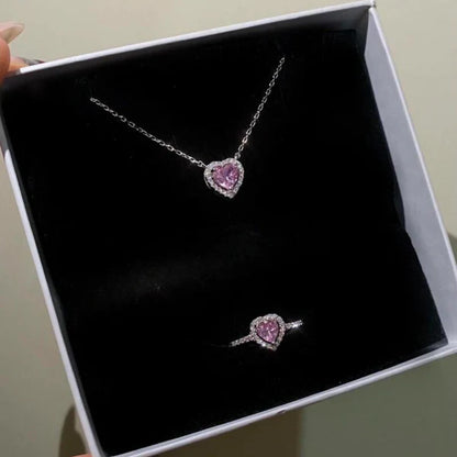 PANDORA PINK HEART SET 925 SILVER RING + NECKLACE + EARRINGS + GIFT KIT