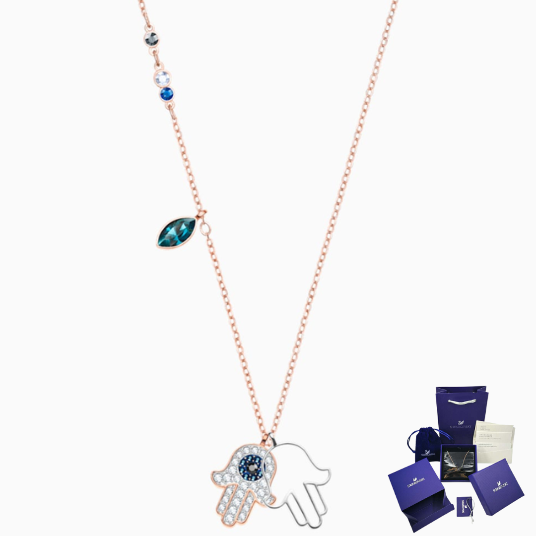 COLLAR SWAROVSKI DIJE COLGANTE MANO DE FATIMA HAMSA MISTICO + KIT DE REGALO