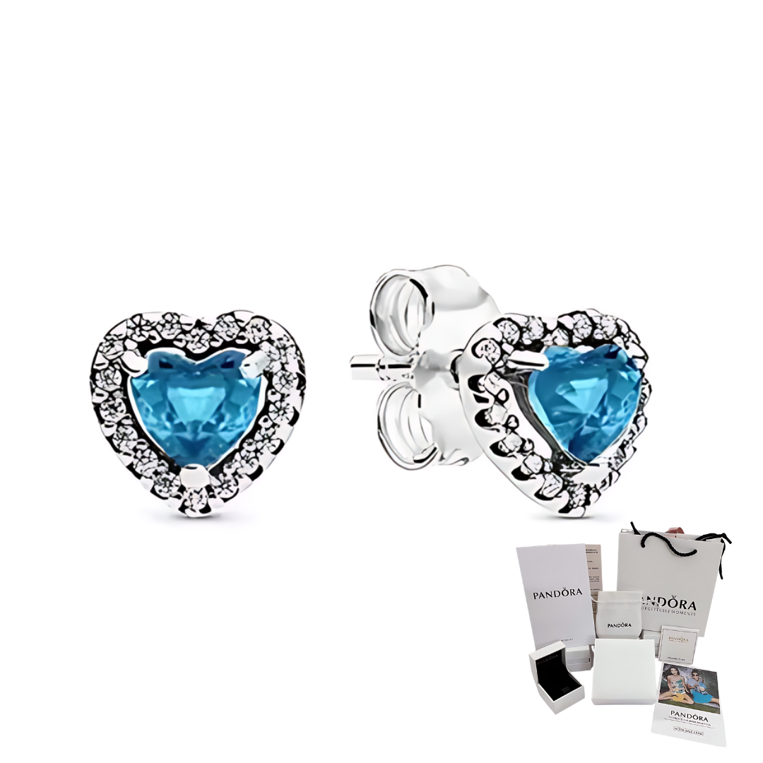 ARETES PENDIENTES PANDORA CORAZON ELEVADO AZUL + KIT DE REGALO