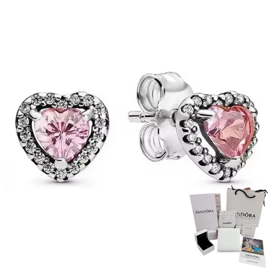 ARETES PENDIENTES PANDORA CORAZON ELEVADO ROSA + KIT DE REGALO