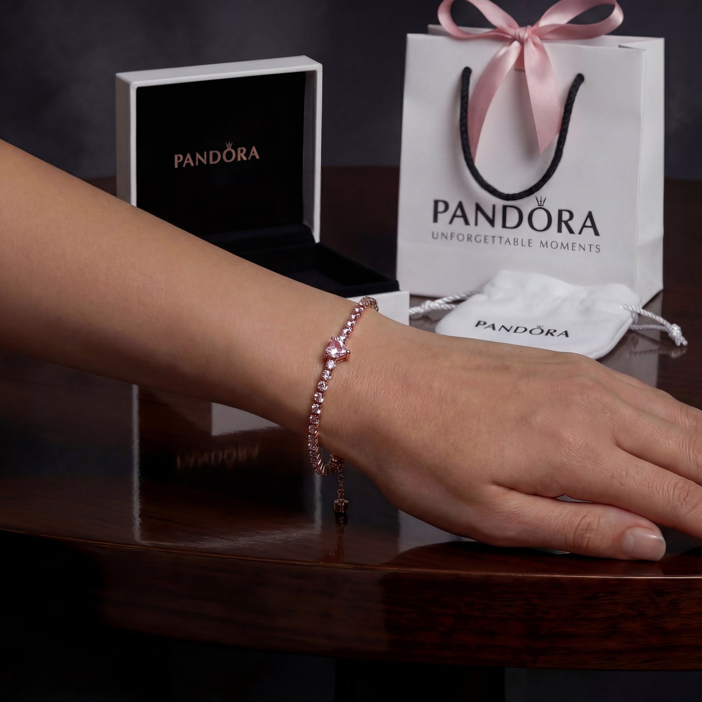 PULSERA PANDORA CORAZON BRILLANTE TENIS ORO ROSA + KIT DE REGALO ZOCALO ONLINE