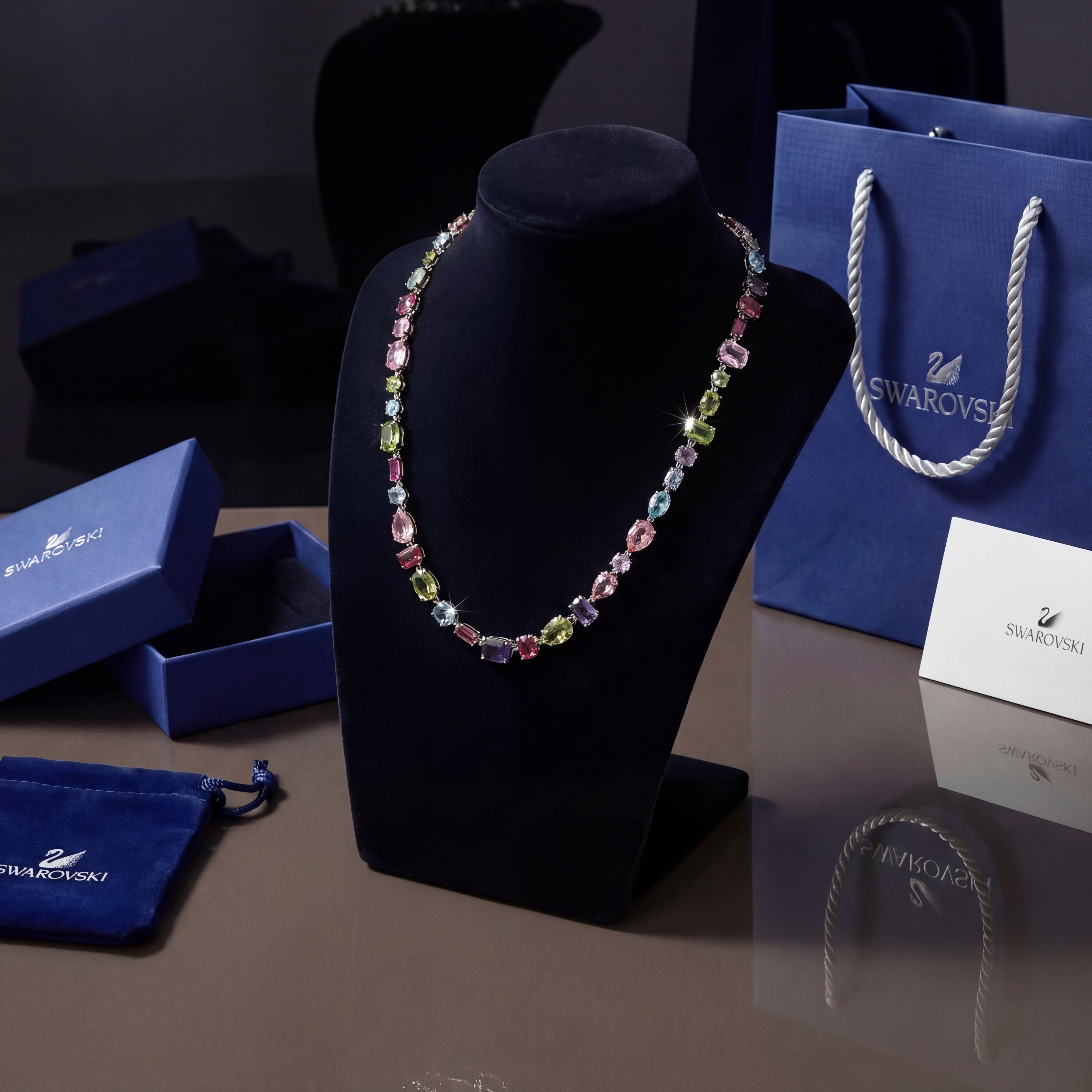 SET CONJUNTO COLLAR + PULSERA + ARETES SWAROVSKI MULTICOLOR GEMA PIEDRAS CRISTALES ZOCALO ONLINE