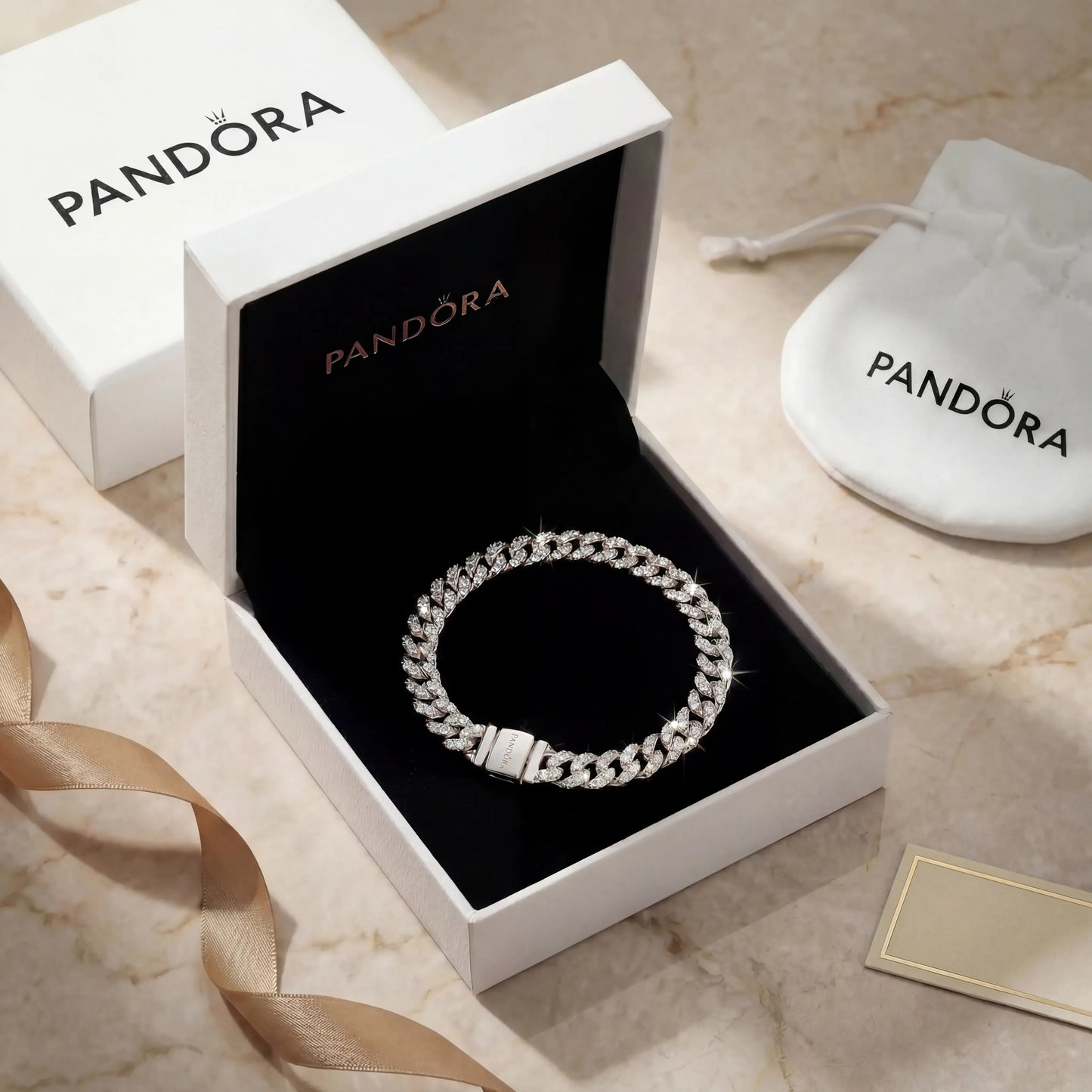 PULSERA PANDORA TENIS TIMELESS PAVE CUBANA BRILLANTE PLATA .925 + KIT DE REGALO ZOCALO ONLINE