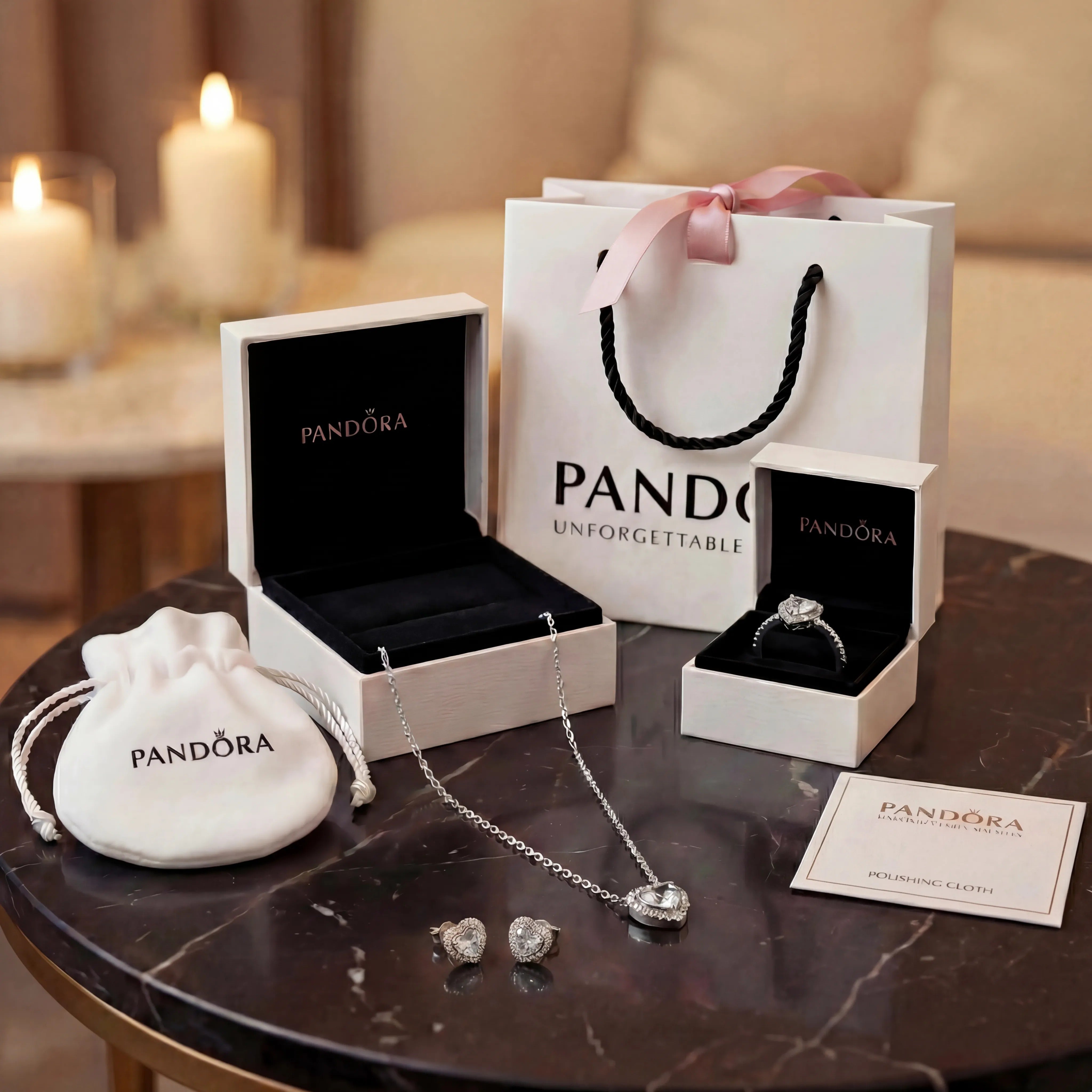 SET CONJUNTO CORAZON ELEVADO PLATEADO ANILLO + COLLAR + ARETES PANDORA ZOCALO ONLINE