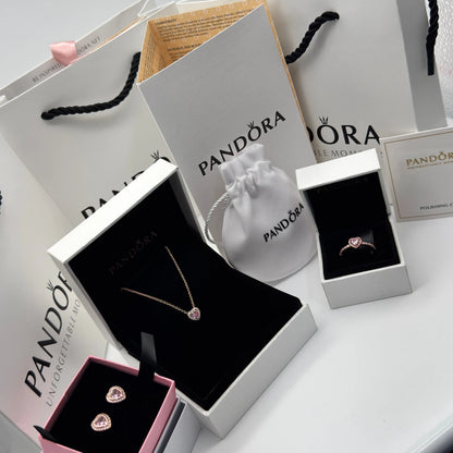SET CONJUNTO PANDORA ANILLO + ARETES + COLLAR CORAZON ELEVADO ROSA ROSE GOLD ZOCALO ONLINE