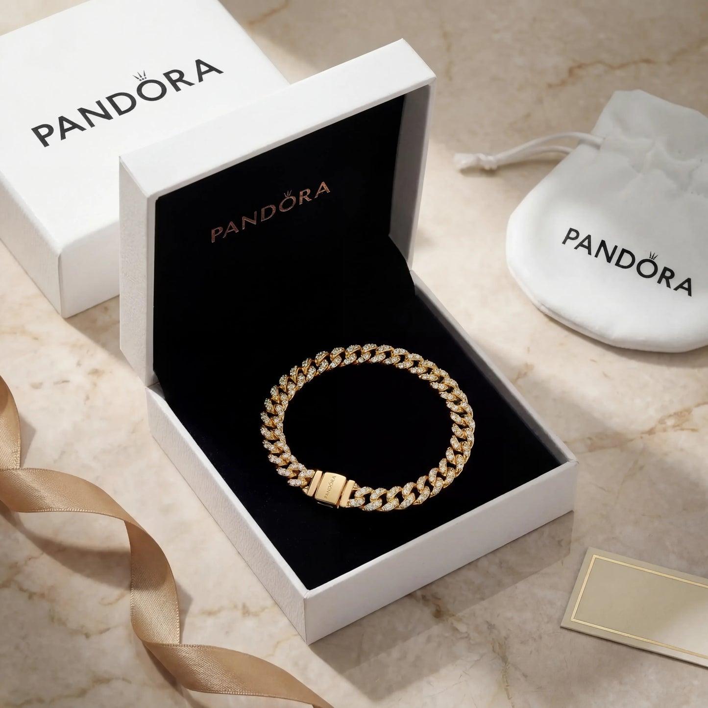 PULSERA PANDORA TENIS TIMELESS PAVE BRILLANTE CUBANA ORO 14K + KIT DE REGALO ZOCALO ONLINE