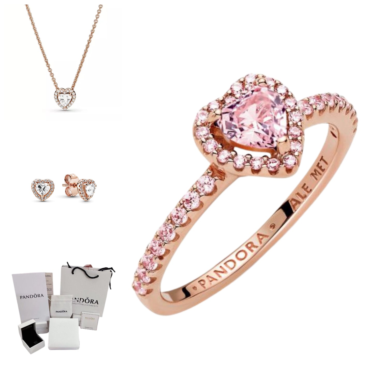 Set Pandora Rose Gold Anillo + Collar + Aretes Corazón