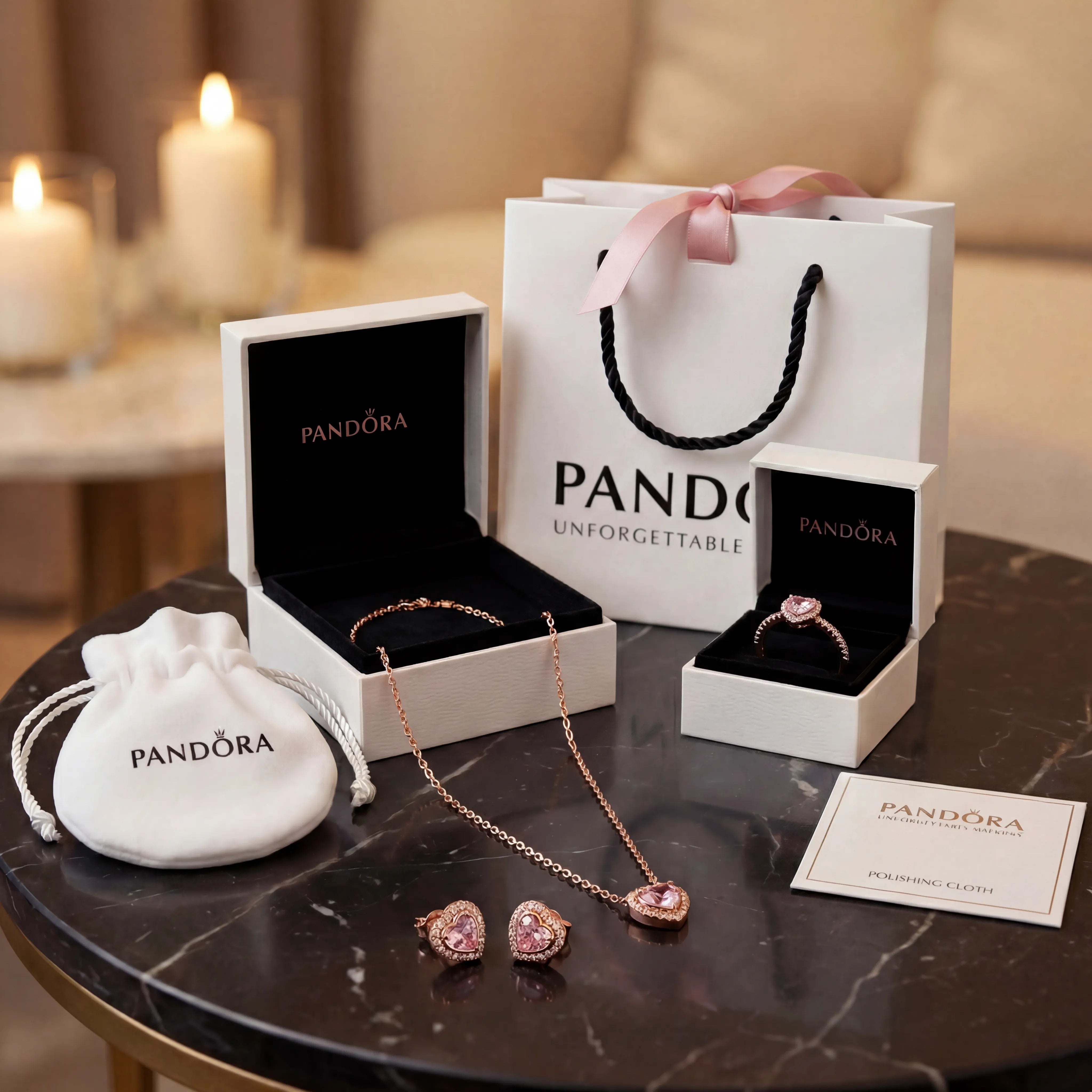 SET CONJUNTO PANDORA ANILLO + ARETES + COLLAR CORAZON ELEVADO ROSA ROSE GOLD ZOCALO ONLINE