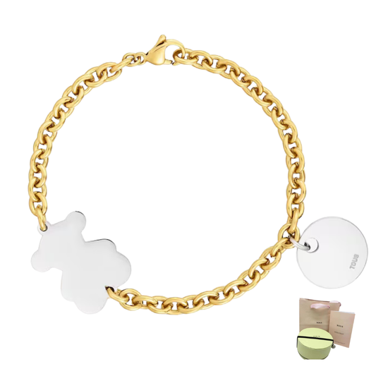 PULSERA BRAZALETE TOUS CADENA DE ACERO BICOLOR Y MOTIVO OSO CHARM ZOCALO ONLINE