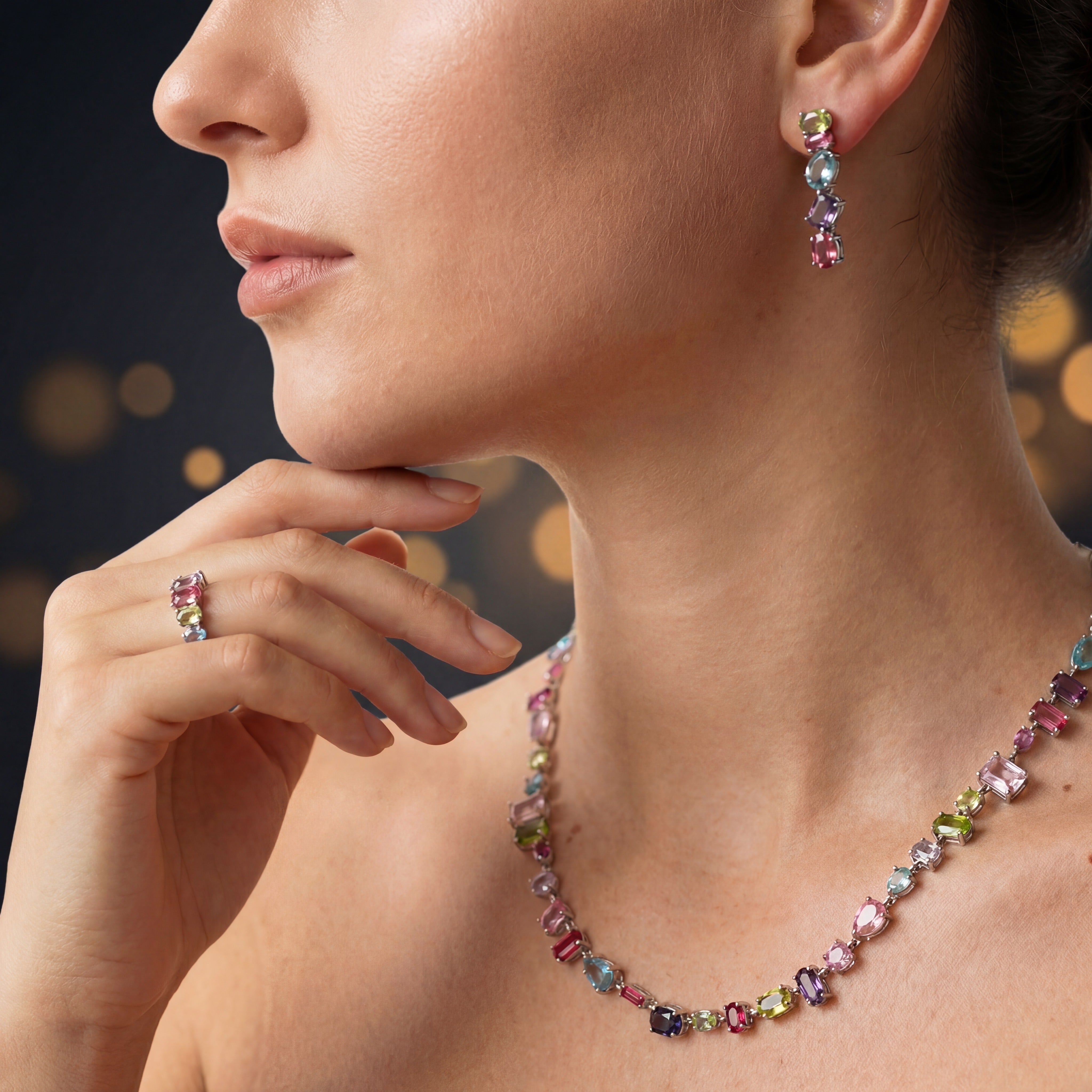 SET CONJUNTO COLLAR + PULSERA + ARETES SWAROVSKI MULTICOLOR GEMA PIEDRAS CRISTALES ZOCALO ONLINE