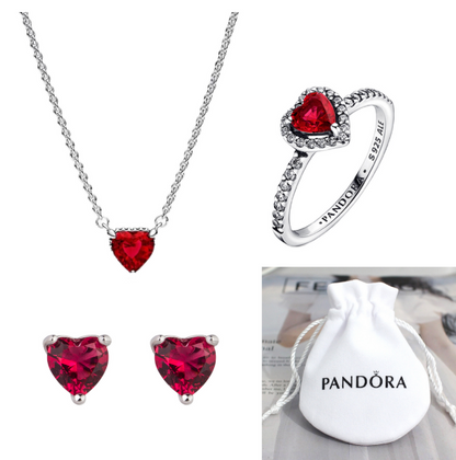 OFERTA CONJUNTO COLLAR ANILLO ARETE DE CORAZON ROJO PANDORA ZOCALO ONLINE