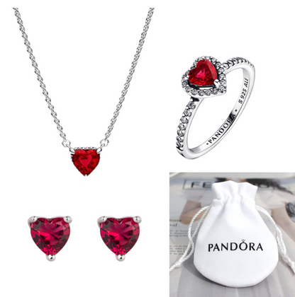 CONJUNTO COLLAR + ANILLO + ARETE CORAZÓN ROJO PANDORA - ZOCALO ONLINE