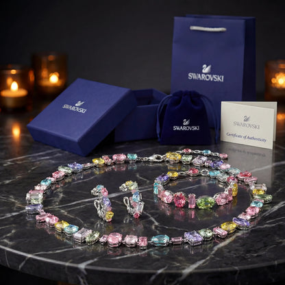 SET CONJUNTO COLLAR + PULSERA + ARETES SWAROVSKI MULTICOLOR GEMA PIEDRAS CRISTALES ZOCALO ONLINE